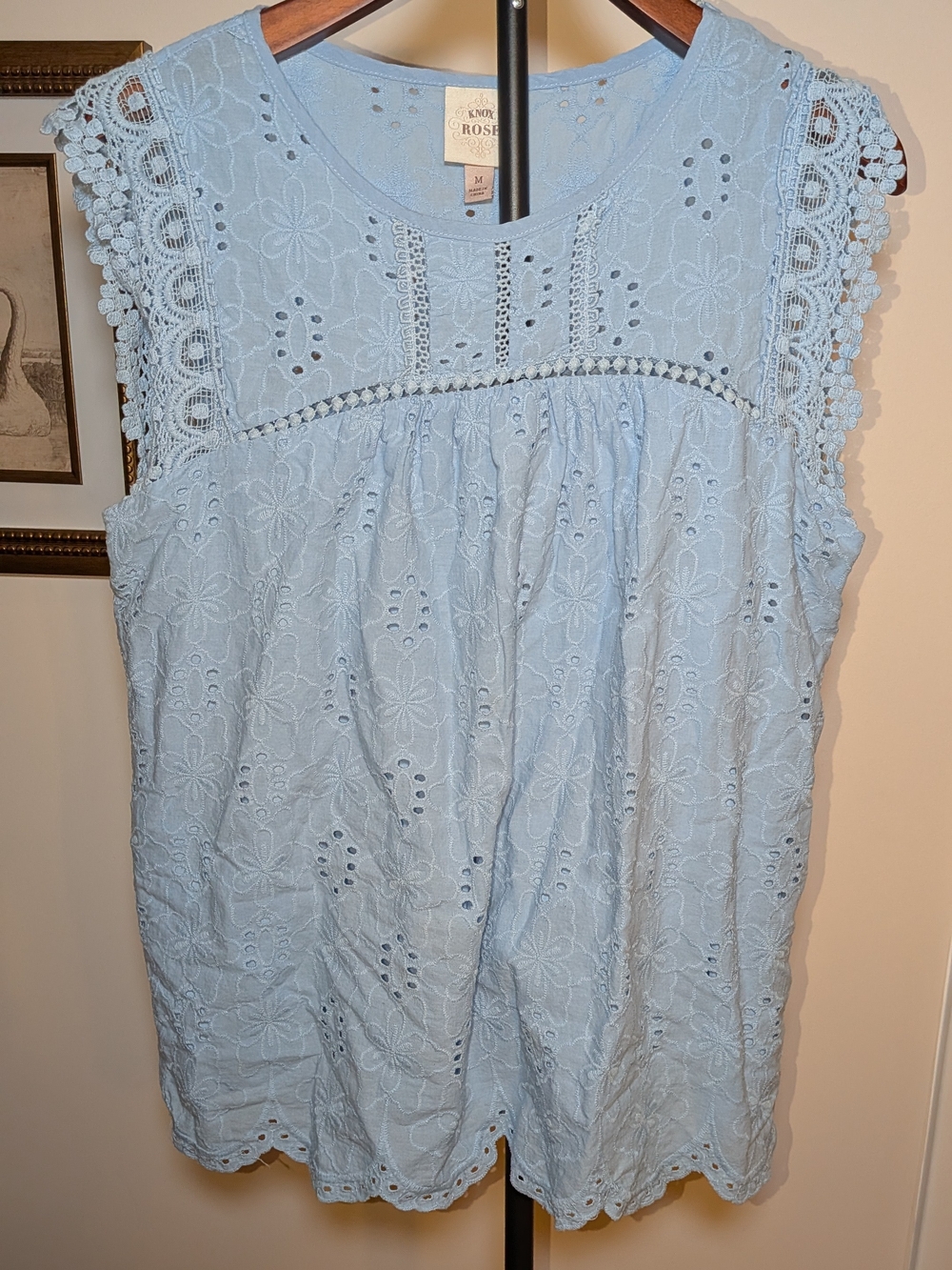 Knox Rose Blue Embroidered Eyelet Sleeveless Blouse Boho Crochet Trim Size M